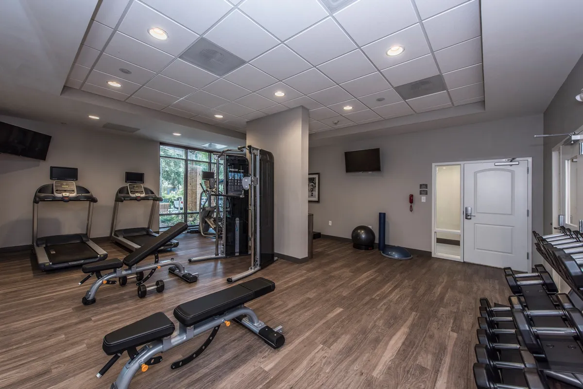 A bright, modern fitness center equipped with treadmills, weight benches, multi-gym equipment, and large windows that let in plenty of natural light. The space is organized for both individual and group workouts, offering an energizing setting for guests to maintain their fitness routines.